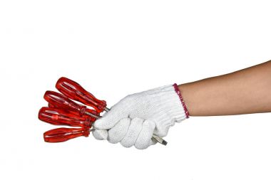 Kırmızı vida dalgıçlar tutarak koruma eldiven ile yardım