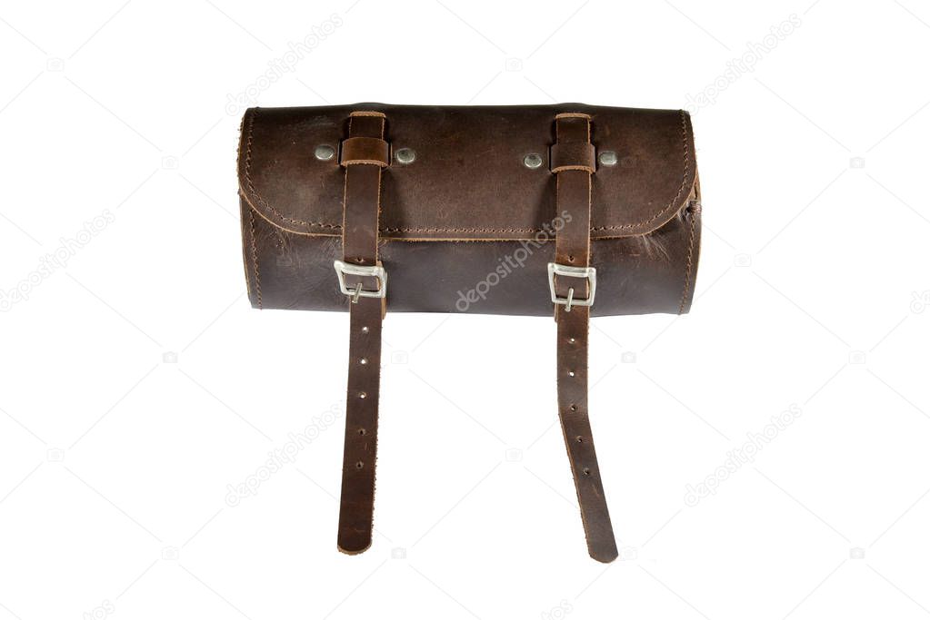 Round vintage leather tool Bag with isolated on white background