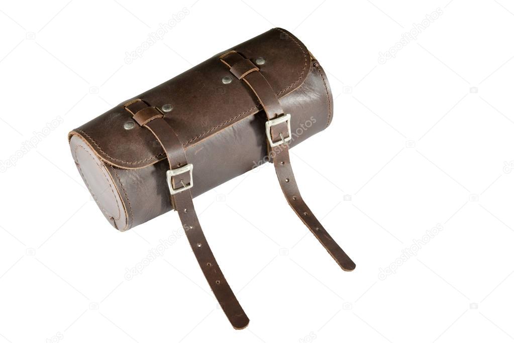 Round vintage leather tool Bag with isolated on white background