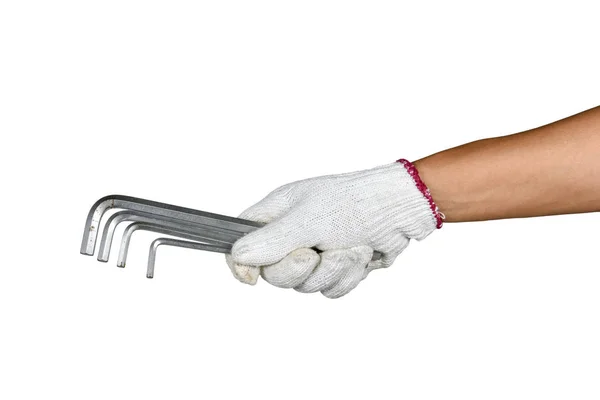 En hand med skydd handsken håller en olika allen keys spanne — Stockfoto
