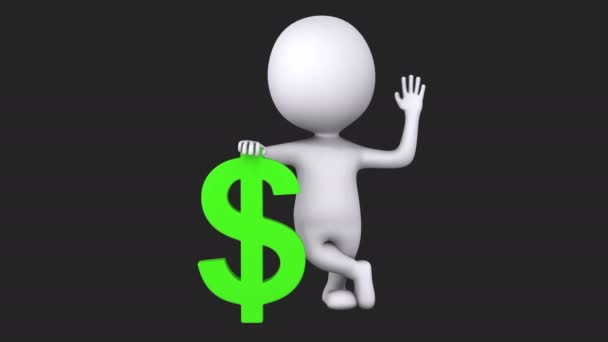 3d white man stand with green dollar sign — Stock Video