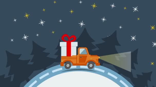 Entrega camión de transporte plano, van con paquete de caja de regalo en blanco en la víspera de Navidad — Vídeos de Stock