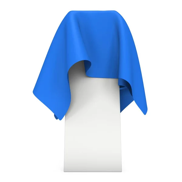 Presentatie voetstuk bedekt met blauwe doek — Stockfoto