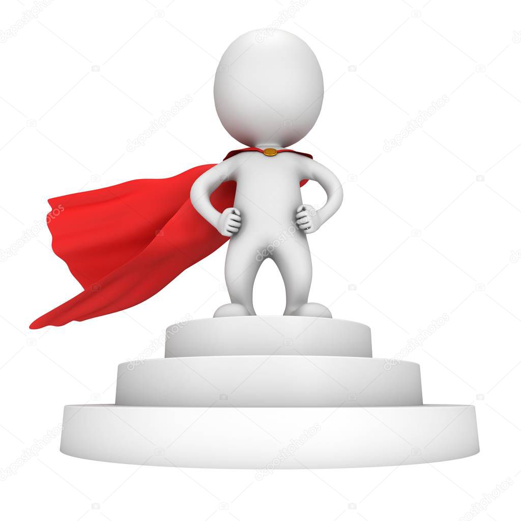 Brave superhero with red cloak stand on round stage podium