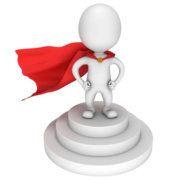 Brave superhero with red cloak stand on round stage podium — Stock Photo, Image