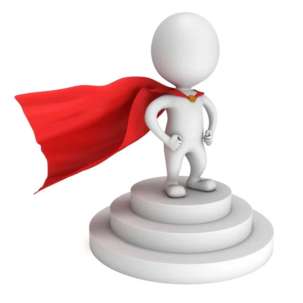 Brave superhero with red cloak stand on round stage podium — Stock Photo, Image