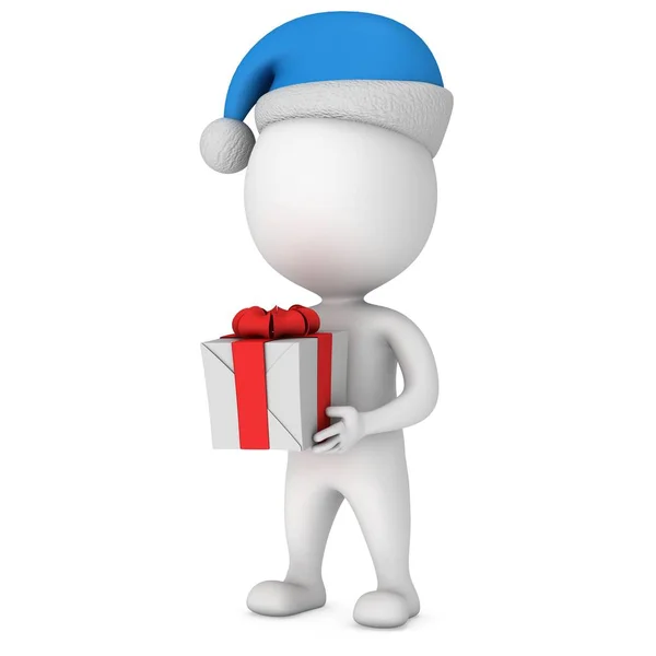 White small man in santa claus cap stand with gift — Stock Photo, Image