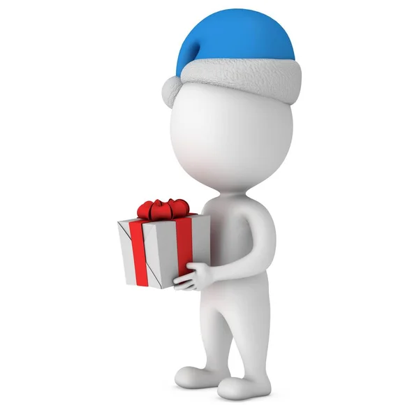 Белый маленький человек в кепке Санта-Клауса стоит с подарком — стоковое фото