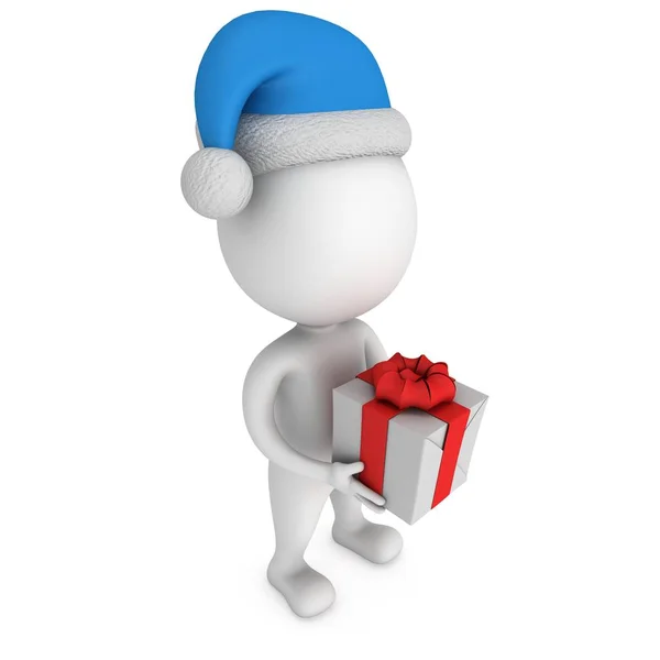 White small man in santa claus cap stand with gift — Stock Photo, Image