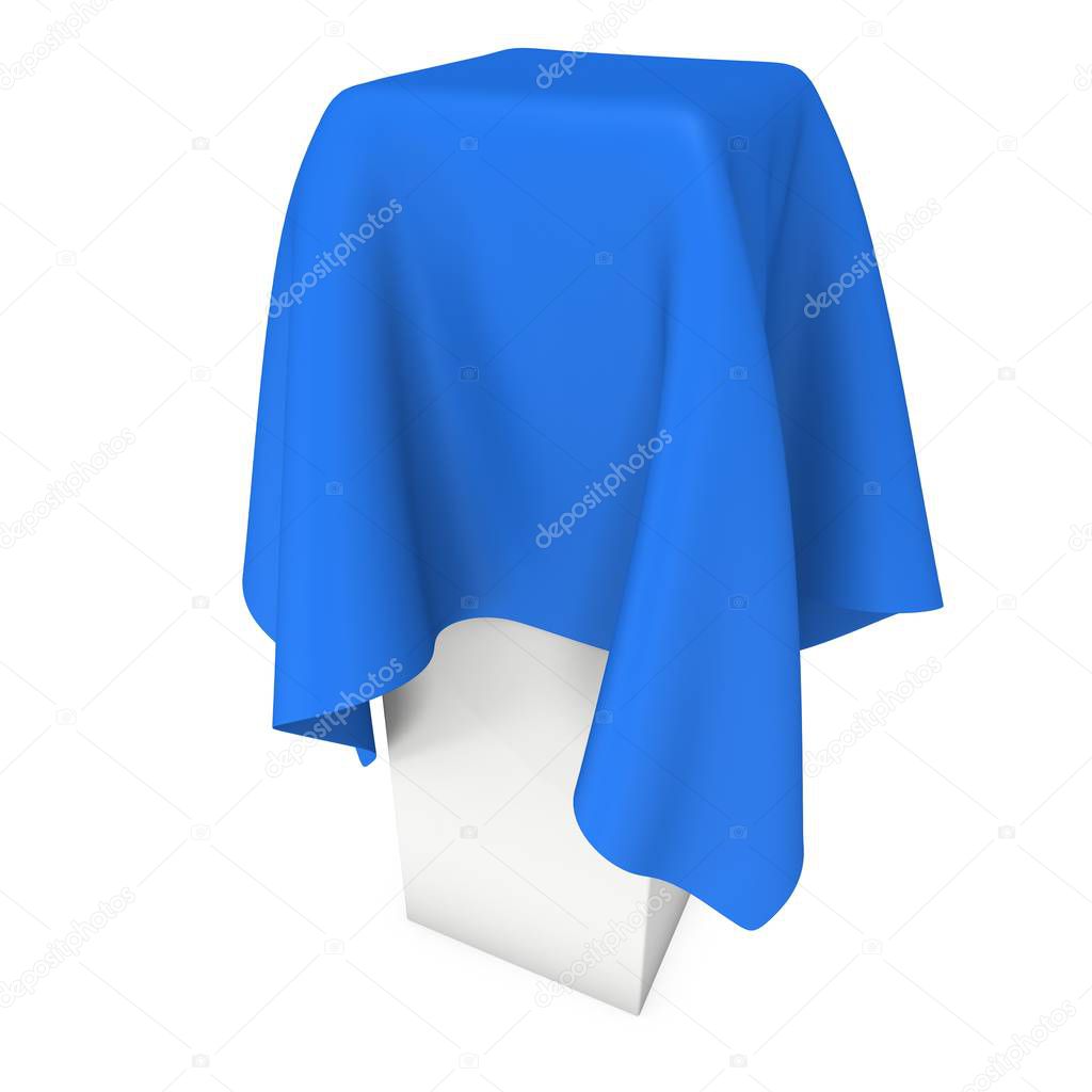 Presentation pedestal covered with blue cloth
