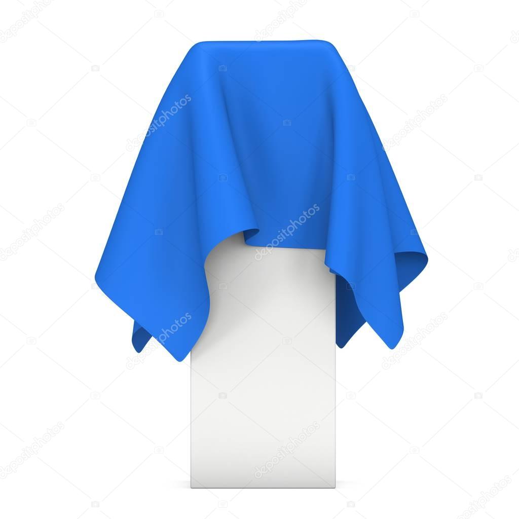 Presentation pedestal covered with blue cloth