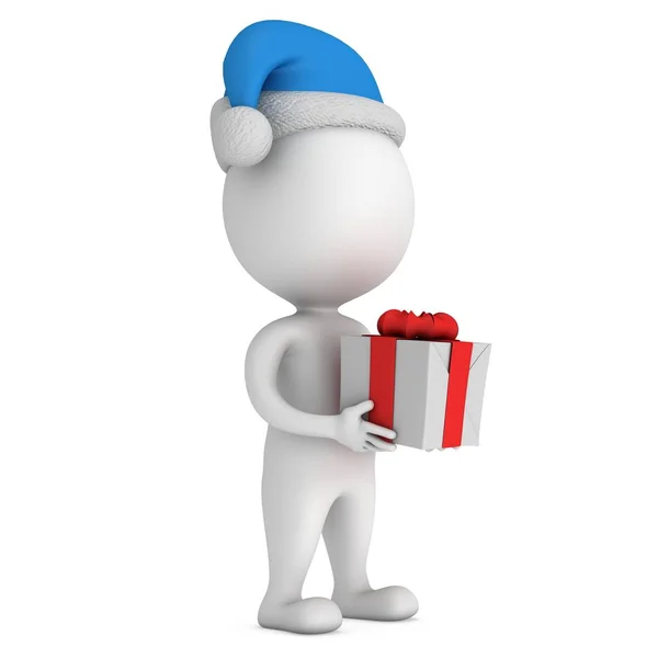 White small man in santa claus cap stand with gift — Stock Photo, Image