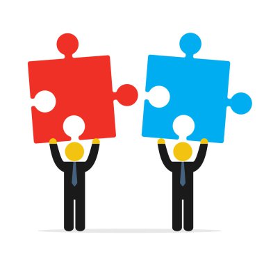 Two businessmen trying to connect red and blue puzzles clipart