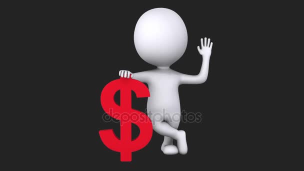3d белый человек стоять с красным знаком доллара — стоковое видео