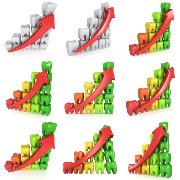 3d teeth bar graph with red arrow — Stock Photo, Image