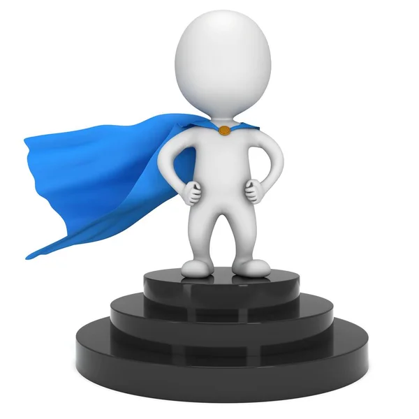 Brave superhero with blue cloak stand on round stage podium — Stock Photo, Image