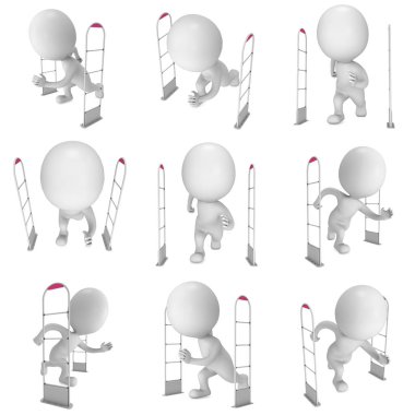 3D dükkan hırsızı inceden inceye gözden geçirmek ve çalışan adam beyaz izole