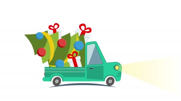 Entrega camión de transporte plano, van con paquete de caja de regalo en blanco en la víspera de Navidad — Vídeos de Stock