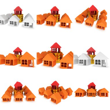 Turuncu evleri ve kırmızı olan. 3D render.