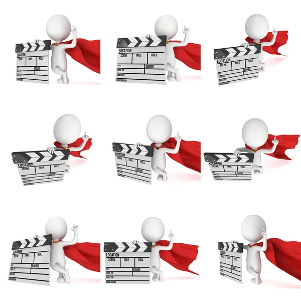 3D superhero with cinema clapperboard — Stock Photo, Image