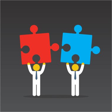 Kırmızı ve mavi bulmacalar bağlanmaya çalışan iki iş adamları