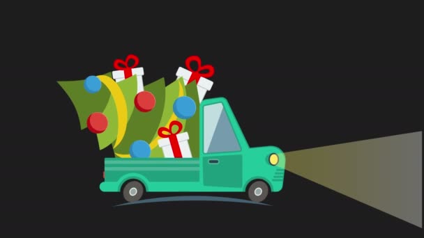 Entrega caminhão de transporte plano, van com pacote de caixa de presente em preto na véspera de Natal — Vídeo de Stock