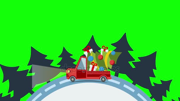 Entrega camión de transporte plano, furgoneta con árbol de Navidad — Vídeo de stock