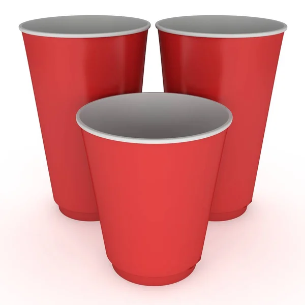 Engångsburkar för dryck koppar. Rött papper mugg — Stockfoto