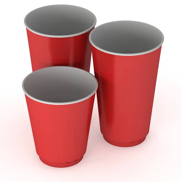 Одноразові чашки для напоїв. Червоний паперовий кухоль — стокове фото