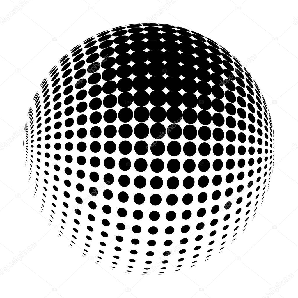 Vector halftone sphere stylized logo. Dotted orb design element isolated on white.