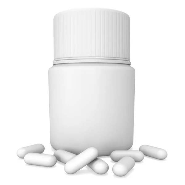 Bottiglia di plastica bianca di pillole — Foto Stock