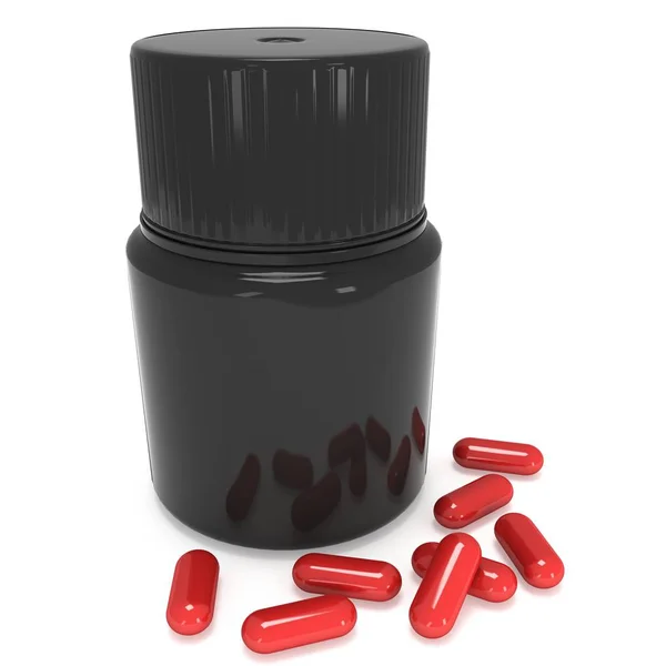 Bouteille de pilules en plastique noir — Photo