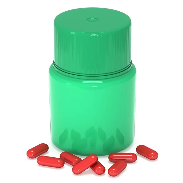 Flacone di plastica verde di pillole — Foto Stock
