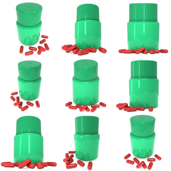 Flacone di plastica verde di pillole — Foto Stock