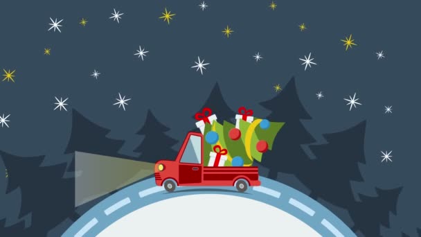 送货平板运输车，礼盒包装在圣诞节前夕的白色的面包车 — 图库视频影像