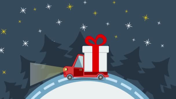 Delivery flat transport truck, van with gift box pack in xmas eve — Stock Video