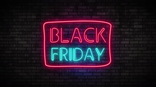 Black Friday neonljus på tegelvägg — Stockvideo
