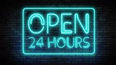 24 Saat Açık neon ışık tuğla duvar