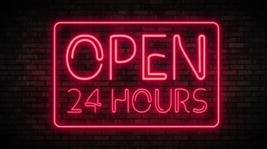 24 Saat Açık neon ışık tuğla duvar