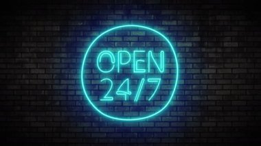 24 Saat Açık neon ışık tuğla duvar