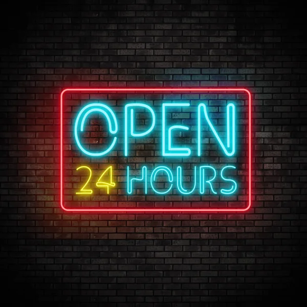 24 Saat Açık neon ışık tuğla duvar