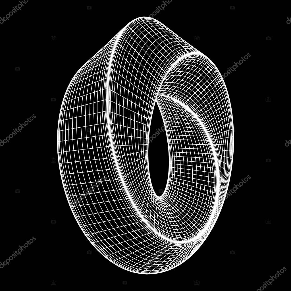 Mobius strip ring sacred geometry. Spatial figure with upturned surfaces. Optical illusion with dual circular contour. Wireframe low poly mesh vector illustration.
