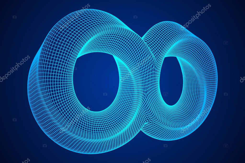 Mobius strip ring infinity sacred geometry. Spatial figure with upturned surfaces. Optical illusion with dual circular contour. Wireframe low poly mesh vector illustration.