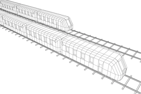 Hög hastighet tåg i rörelse. Vector rendering av 3d. Tråd-ram stil — Stock vektor