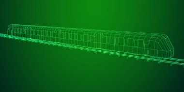 Yüksek hızlı tren hareket. 3B vektör oluşturma. Tel çerçeve stili