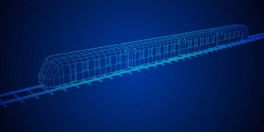 Yüksek hızlı tren hareket. 3B vektör oluşturma. Tel çerçeve stili