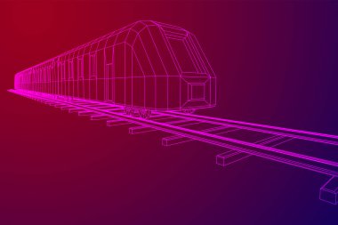 Yüksek hızlı tren hareket. 3B vektör oluşturma. Tel çerçeve stili
