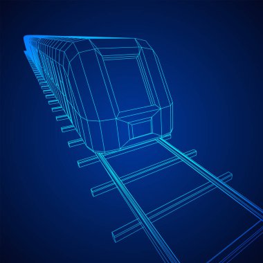 Yüksek hızlı tren hareket. 3B vektör oluşturma. Tel çerçeve stili