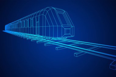 Yüksek hızlı tren hareket. 3B vektör oluşturma. Tel çerçeve stili