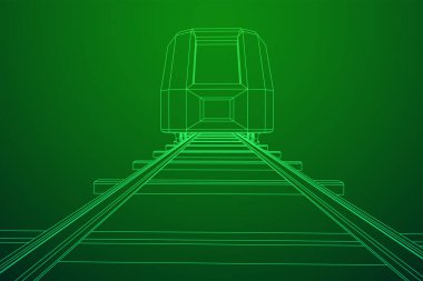 Yüksek hızlı tren hareket. 3B vektör oluşturma. Tel çerçeve stili